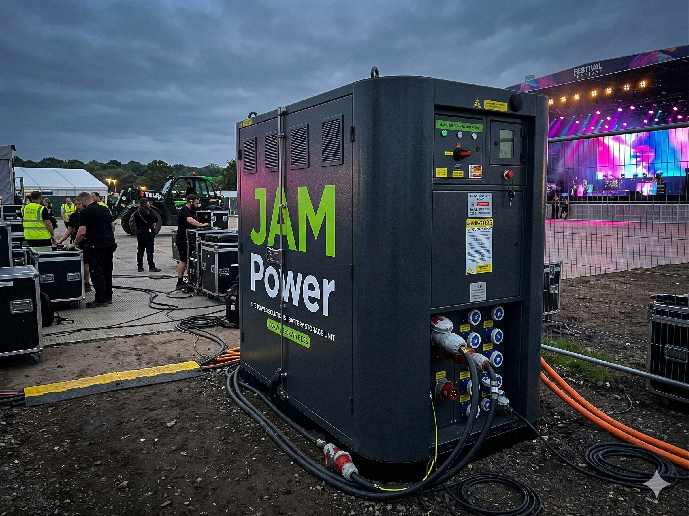 JAM Lite 50kWh battery energy storage unit deployed backstage at a UK outdoor festival