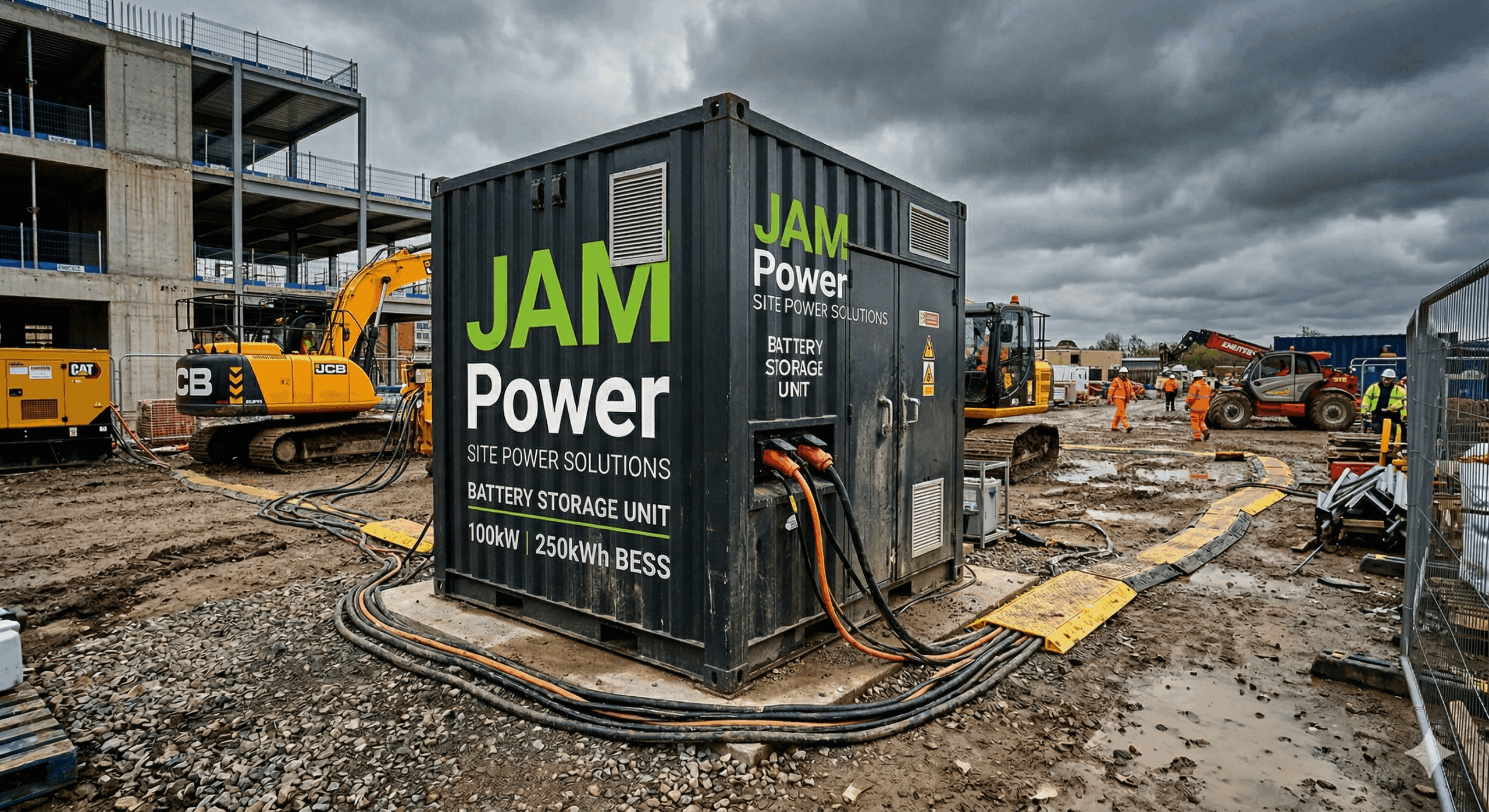 JAM Pro 250kWh battery energy storage unit deployed on a UK construction site